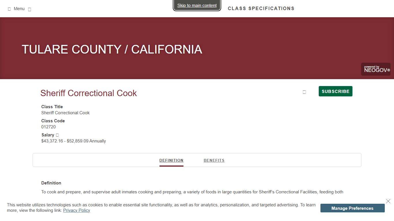 Class Specifications | TULARE COUNTY / CALIFORNIA